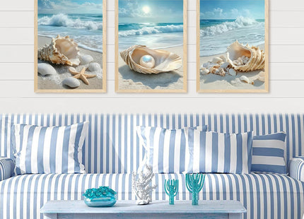 SYWENNOI Triptych Coastal Shell Pearl Framed Canvas Wall Art 12x16 inch x3