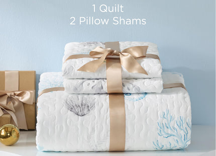 Bedsure Coastal Quilt Bedding - Queen Size Reversible Summer Beach Quilt Bedding, Lightweight Ocean Bedspread, Coral Parttern Coverlet for All Seasons (90"x96")