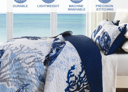 DJY Ocean Coastal Quilt Queen Size, 3 Pcs Sea Turtle Bedspread Bedding Set