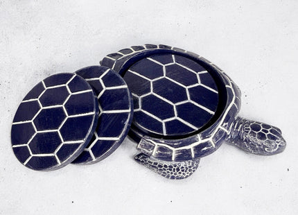Sea Turtle Coaster Set - Coastal Ocean Beach Decor - Rustic Nautical Navy Blue and White Finish