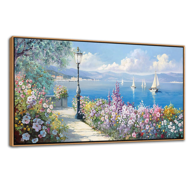 Blue Coastal Wall Art Ocean Canvas Flowers Painting Landscape Sailboat Picture White Yellow Artwork Modern Seascape Large Framed for Living Room Bedroom Home Office Decor Size 20x40 Inches