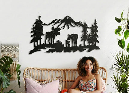 DEKADRON Metal Wall Art - Moose & Tree Nature Decor (40" W x 17" H / 100x44 cm)
