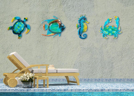 dreamskip Metal Beach Wall Decor Art, Ocean Themed Sea Turtle Fish Seahorse Crab Coastal Wall Sculpture, Nautical Outdoor Decor For Garden, Fence, Patio, Pool, Bathroom (4 Pcs)