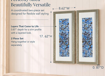 American Art Decor Blue Seashell Mosaic 3D Textured Wall Art, 2 Piece Set – Vertical Panels with Champagne Frame, Coastal Nautical Beach Theme Decor, 8.75" x 17.75"