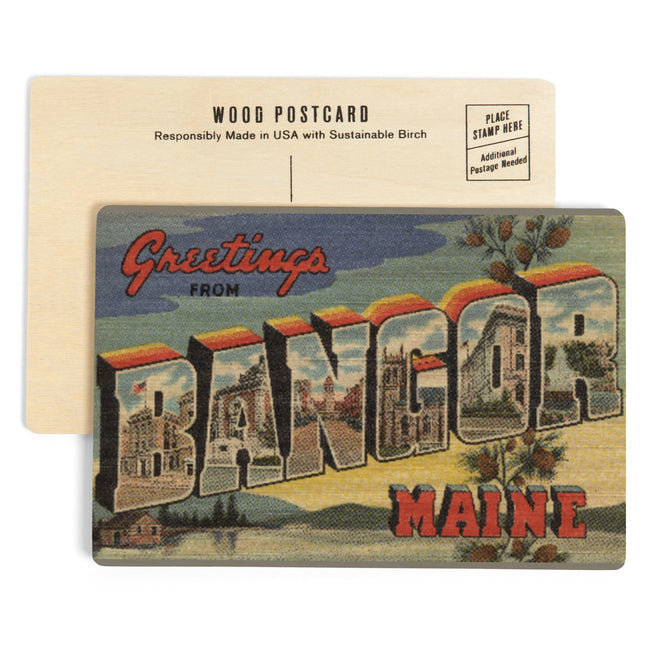 Greetings from Bangor, Maine, Vintage Halftone (4x6 Birch Wood Postcards, 2-Pack Stationary, Rustic Home Wall Decor)