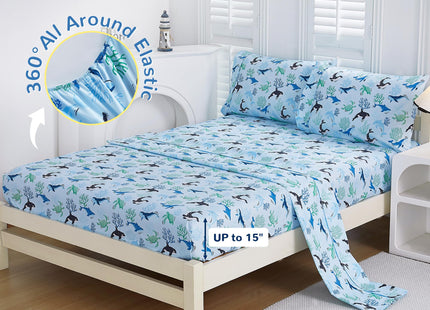 Viviland 3 Pieces Boys Blue Ocean Twin Sheet Set - Soft Microfiber Fitted Flat Sheets & Pillowcase - Blue Ocean Whales, Sea Turtles, Marine Organisms Bedding Sets - for Kids & Toddlers