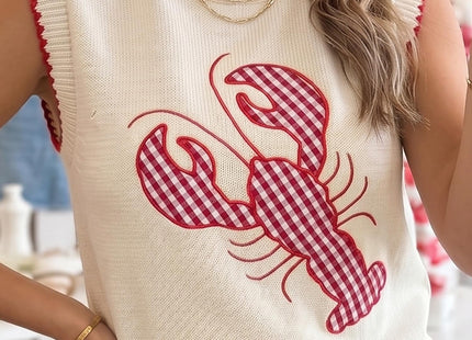Womens Lobster Sleeveless Sweater Vest Crawfish Knit Shirts Tops Beige S