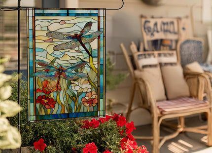 Garden Flags, Dragonfly Garden Flag, Stained Glass Style Dragonfly Floral Flag Double-Sided Flags for Farmhouse Yard Outdoor Decoration-12 x 18inch (Dragonfly)