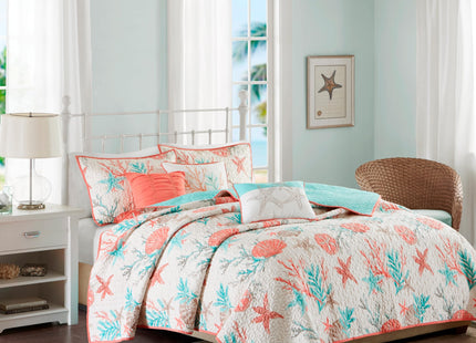 Madison Park Cotton Coastal Starfish Coral King Quilt Set, 6pc