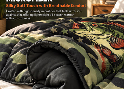 Castle Fairy Bass Fish Camouflage Full Size Comforter Set Farmhouse Fishing Bedding Set for Kids Adults Teens Retro Green Camo Comforter Luxury Bass Fish Pattern Quilt Set Room Decor 3Pcs
