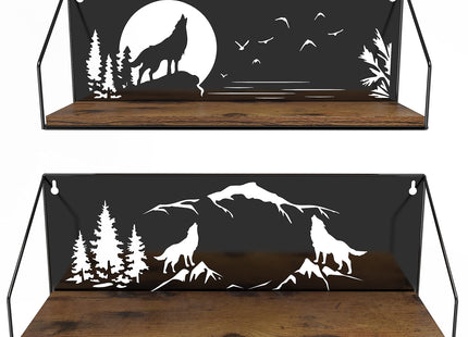 Giftgarden Floating Shelves for Wall with Unique Howling Wolves Cutout, Rustic Wolf Decor Wood Iron Hanging Shelf Decoration for Bedroom Bathroom Storage Cabin Lodge, Black