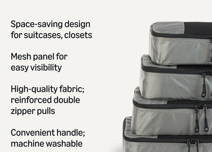 Amazon Essentials 4-Piece Packing Cubes Travel Accessories Set, Space-Saving Luggage Organizer with Double Zipper, Mesh Top Panel, Medium, Gray (Previously Amazon Basics)