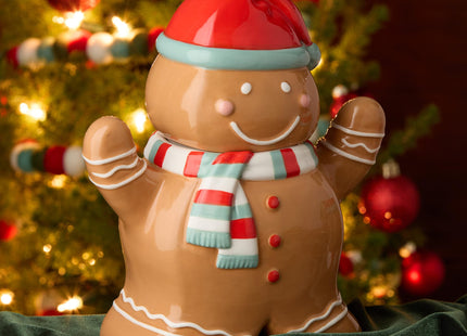 Christmas Whimsy Gingerbread 3-D Cookie Jar – Holiday Ceramic Treat Jar with Smiling Gingerbread Wearing Red Hat & Scarf – Airtight Storage for Cookies, Candies & Festive Kitchen Decor