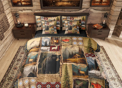 Erosebridal Hunting Bear Deer 7 Pcs Bedding Set Twin, Rustic Farmhouse Comforter Set with Sheets, Retro Cabin Lodge Buffalo Plaid Bed in A Bag for Boys Adults Men, Tribal Brown Patchwork Bed Sets