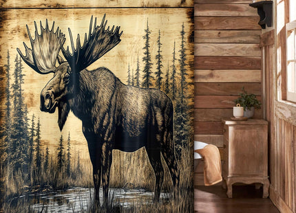Wathon Wood Plank Style Moose in Pine Forest Shower Curtain 70X70IN