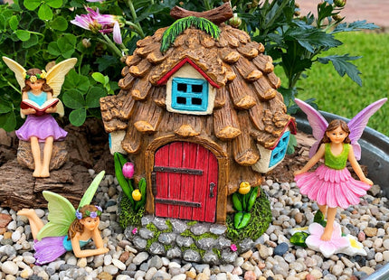 Fairy Garden Figurines & Pinecone House - 4-Piece Miniature Decorative Set