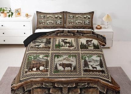 Feelyou Rustic Bear Comforter Set Toddler Size Boys Girls Farmhouse Deer Bedding Set for Kids Cabin Moose Duvet Quilt Highland Cow Brown Plaid Grid Room Decor