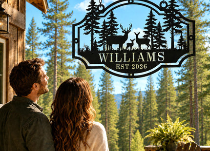 Custom Deer Family Name Sign, Personalized Deer Forest Cabin Metal Sign