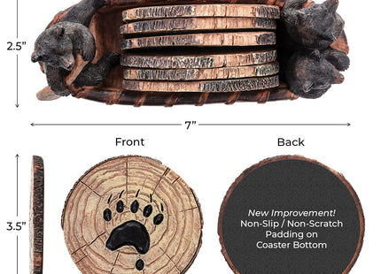 Cabin Obsession Bear Coasters - Set of 6 Full Size Rustic Coasters in Handmade Canoe with Adorable Black Bear Figurines - Log Cabin Decorations, Rustic Lodge Decor for The Home