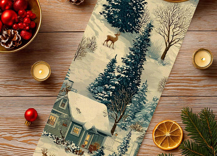 Winter Table Runner Deer & Village Kitchen Dining Table Decor, Christmas Table Runner Home Decor for Indoor Outdoor Dining, Party, Holiday 13 X 72 Inch