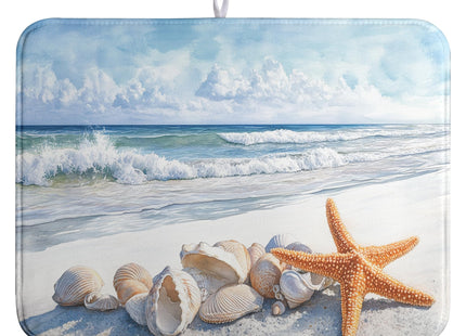 Summer Beach Dish Drying Mat for Kitchen Counter Starfish Coastal Shells Kitchen Dishes Dryer Pad Absorbent Matt Microfiber Washable Foldable Reusable Large 18x24 in