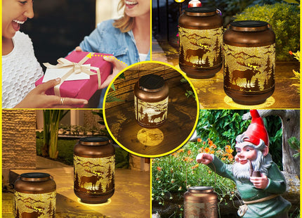 Flutesan Moose Solar Lantern Outdoor Waterproof Hanging Light Moose Solar Light Gift for Women Men Xmas Metal Decorative LED Lanterns for Garden Patio Porch Tabletop Landscape