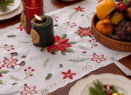 Joyfol Day Christmas Florals Table Runner 14 x 33 Inch, Embroidered Cutwork Poinsettia Holly Leaves Table Runners, Winter Holiday Flowers Tabletop for Xmas Party Decorations