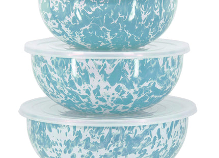 Golden Rabbit Enamelware Nested Mixing Bowls with Lids, Set of 3, Sea Glass