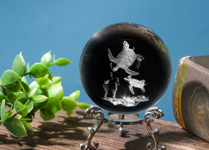 PYJ3DLAMP 3D Sea Turtle Crystal Ball with Stand Lase Engraved Glass Sphere Paperweight Sea Turtle Decor Gift