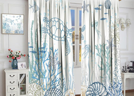 JanJCurt Nautical Turtle Curtains, Coastal Sea Ocean Theme Coral Starfish Seashell Jellyfish Undersea Life Window Curtains for Kids Bedroom Living Room Kitchen, 42x45 Inch (No Blackout)