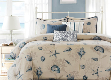 Madison Park Cotton Coastal Starfish Blue Queen Comforter Set, 7pc