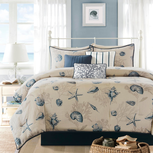 Madison Park Cotton Coastal Starfish Blue Queen Comforter Set, 7pc