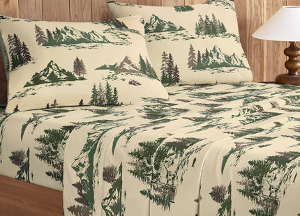 Wake In Cloud - Rustic Bed Sheets, 4-Piece Sheet Set, Cabin Forest Woodland Camping Theme with Lodge Mountain Pattern Printed Bedding, Deep Pocket, Green Brown, Queen Size