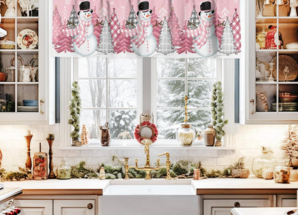 T&H XHome Christmas Valances for Kitchen Windows, Pink Winter Xmas Tree Forest Snowman Valance Rod Pocket Window Curtain for Bathroom Cafe Basement, Farmhouse Small Window Treatment, 60" W x 18" L