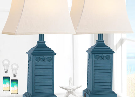 Set of 2 Table Lamps for Living Room Bedrooms, Coastal Nautical Navy Blue Bedside Nightstand Lamp with 2 USB Ports 1 AC Outlet, 3-Color Temperature Farmhouse Beach End Tables Lamp with LED Bulbs