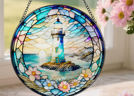 Stained Glass Window Hanging, Pauyadu Lighthouse Sun Catchers, Stained Glass Suncatcher, Lighthouse Decor Gifts for Women, Men, Lovers, Friend, Family and Partners- 8 Inch