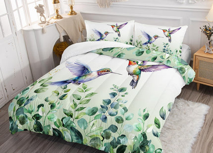 AILONEN Hummingbird Comforter Set Twin Size, Boho Green Forest Leaf Hummingbird Bedding Set for Kids Bedroom,Cute Birds Animals Themed Duvet Set,1 Soft Quilt and 2 Pillowcases,3-Piece
