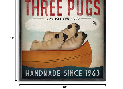 Vintage Three Pugs in Canoe, 12 x 12 Inch Framed Giclée Print