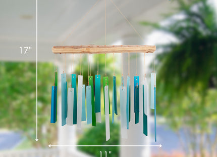 Ocean Blue Sea Glass Driftwood Wind Chime, Handcrafted Coastal, 15 Inch