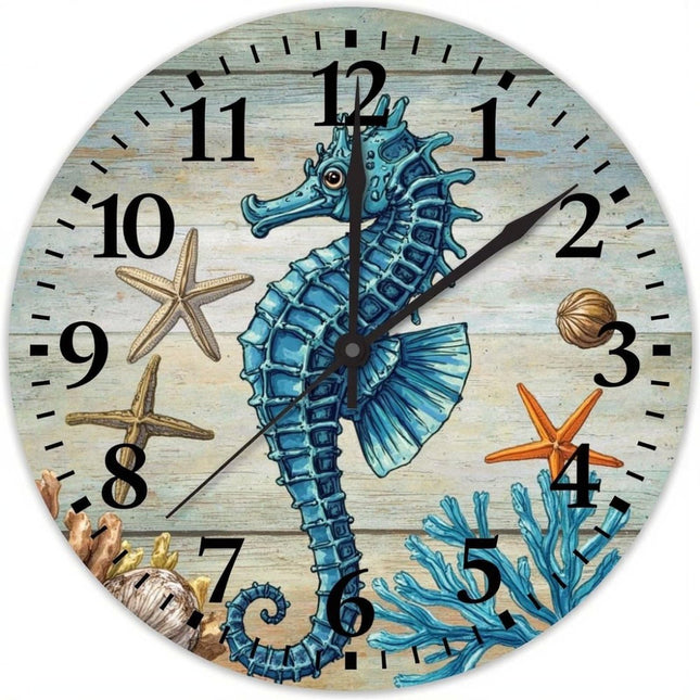 Wodevor Wood Wall Clock Analog Round Non-Ticking Nautical Beach Ocean Theme Underwater Sea Horse Rustic Wall Clocks Under The Sea Octopus Crab Fish Wall Decor for Nursery Bathroom Dining Room 10 inch
