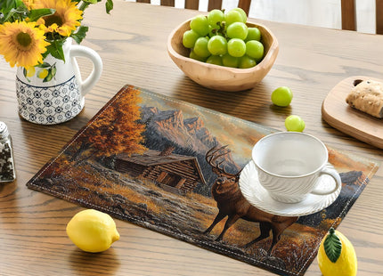 Farmhouse Deer Placemats Set of 6, Country Natural Place Mats, Rustic Forest Lodge Elk Wildlife Dining Table Mats, Washable Placemats for Kitchen Dining Room 18L'' × 12W''