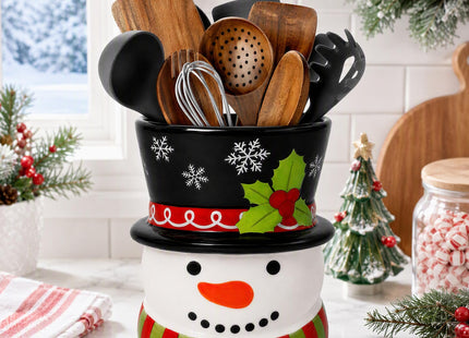 Taesun Snowman Ceramic Utensil Holder, Christmas Kitchen Decor, 3D Snowman Countertop Storage Crock, Xmas Decorative Container for Cooking Utensils, Holiday Tabletop Home Party Decoration