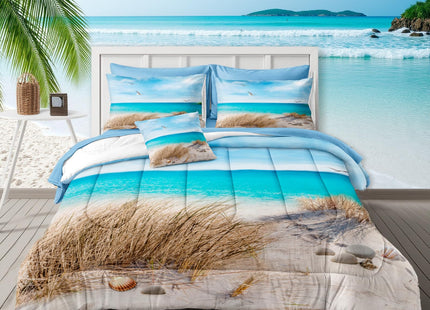 Coastal Queen Size Beach Bedding - 8 Piece Bed in a Bag - Blue Island Scenery Design - Comforter Set with Sheet Set