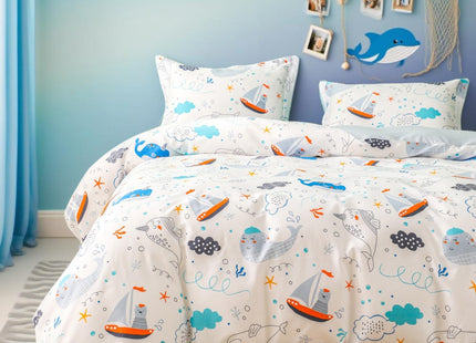 Simple&Opulence 100% Organic Cotton Duvet Cover for Kids Teens, 3 Pieces Soft Comforter Cover with Zipper Closure Cool Boy Girl Sea Sailboat Ocean Bedding Set - Whale, Twin