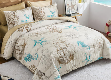 Comforter Set King Size Coastal, Beach Themed Comforters,7 Pieces Ocean Starfish Bed in a Bag Nautical Bedding with Sheets for Spring Summer