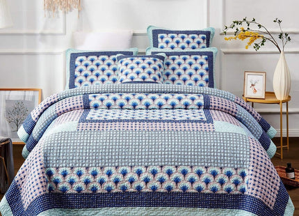 DaDa Bedding Mediterranean Minty Blue Cotton Patchwork Bedspread Set - Mid Century Nautical Breezy Ocean Waves Sea Shell - Navy Lavender Bright Colorful Coverlet Bedding - Queen - 3-Pieces
