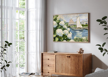 Vintage Sailboat Poster Hydrangea Coastal Picture 16x24 Inch Unframed