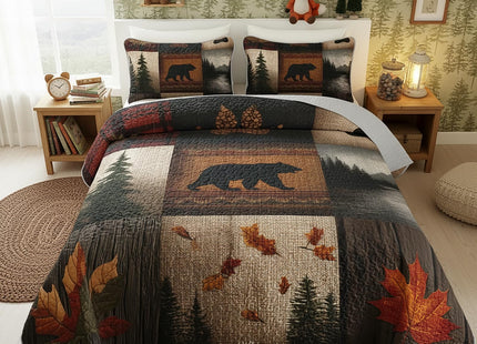 QOOMO Woodland Quilt Set Full/Queen Size,Bear Leaves Bedspread Coverlet Set