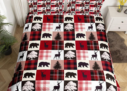 Retro Red Stripes Grid Bedding Set,Animal Silhouette Duvet Cover for Kids Teen Boys Girls,Wildlife Bear Moose Elk Comforter Cover Decorative Room,Christmas Quilt Cover with 2 Pillowcases,Full Size
