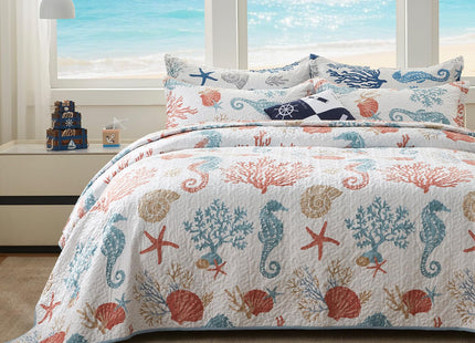 LEAONME Coastal Quilt Set Twin Size - Lightweight Microfiber Reversible Bedspread, 68''x86'', Coral, Includes 1 Sham